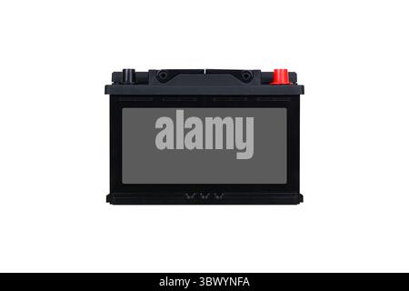12-V-Autobatterie mit leerem grauen Etikett, Stromquelle für das Fahrzeug, Autobatterie, isoliert auf weißem Hintergrund mit Schnittpfad Stockfoto
