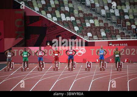 1. August 2021, Tokio, Japan: Finale der 100-m-Männer im Olympiastadion am 1. August 2021 in Tokio, Japan (Bild: © Mickael Chavet via ZUMA Press Wire) Stockfoto