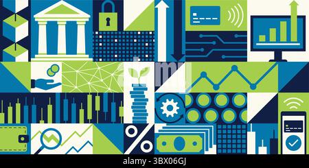 Geometrischer Hintergrund für Finanz-, Geschäfts- und Technologiebanner mit Symbolen Stock Vektor