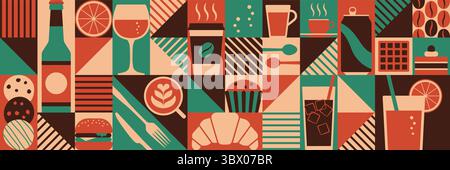 Speisen und Getränke im Café geometrische Hintergrundbanner mit Symbolen Stock Vektor