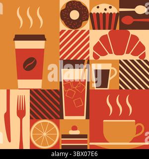 Speisen und Getränke im Café mit geometrischem Hintergrund und Symbolen Stock Vektor