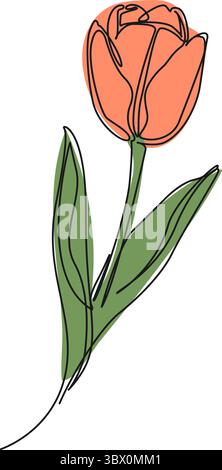 Durchgehende einzeilige Zeichnung einer einzelnen Tulpenblume, Strichgrafik-Vektor-Illustration Stock Vektor