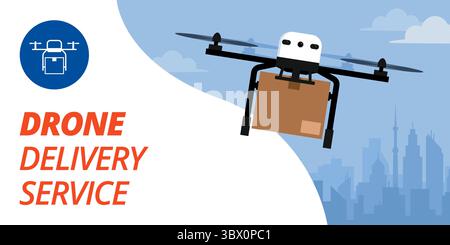 Drohne, die über die Stadt fliegt und ein Paket, ein Zustellungs- und Transportkonzept liefert, ein Banner mit Kopierraum Stock Vektor