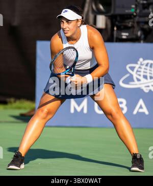 7. August 2021 San Jose, CA USA Ana Konjuh aus Kroatien wartet auf den Auftritt während des Abendspiels im Mubadala Silicon Valley Classic zwischen Ana Konjuh ( CRO) und Danielle Collins ( USA ) an der San Jose State University San Jose Kalifornien Thurman James/CSM(Credit Image: &Copy; Thurman James/CSM via ZUMA Wire) Stockfoto