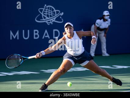 7. August 2021 San Jose, CA USA Ana Konjuh aus Kroatien gibt beim Halbfinalspiel der Mubadala Silicon Valley Classic gegen Danielle Collins an der San Jose State University San Jose Kalifornien einen Schuss zurück Thurman James/CSM(Credit Image: &Copy; Thurman James/CSM via ZUMA Wire) Stockfoto