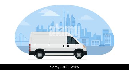 Lieferwagen und Skyline der Stadt: Lieferdienstkonzept, isoliert Stock Vektor
