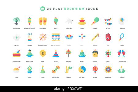 Buddhismus Religion, Buddhisten Tempel und Stupa, Anbetung und Meditation Farbsymbole Set. Bodhi-Baum und Aromakerze, Mandala und Dharma-Rad, religiöses Gebet flache Elemente Vektor-Illustration Stock Vektor