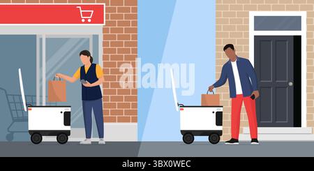 Mitarbeiter eines Lebensmittelgeschäfts, der einen autonomen Lieferroboter lädt, und der Kunde erhält zu Hause eine Einkaufstasche mit Lebensmitteln Stock Vektor