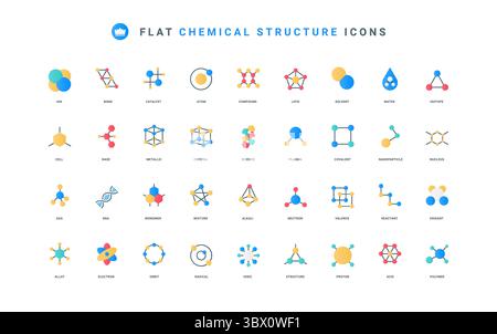 Schematische Molekülmodelle mit Netzwerk und Ketten zur Analyse von dünnen Symbolen Vektorillustration. Chemische Struktur von Molekül und Atom, Formel der Substanz flache Symbolsatz Stock Vektor