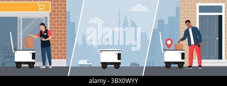 Mitarbeiter eines Lebensmittelgeschäfts, der einen autonomen Lieferroboter lädt, und der Kunde erhält zu Hause eine Einkaufstasche mit Lebensmitteln Stock Vektor