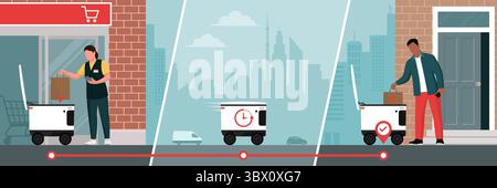 Mitarbeiter eines Lebensmittelgeschäfts, der einen autonomen Lieferroboter lädt, und der Kunde erhält zu Hause eine Einkaufstasche mit Lebensmitteln Stock Vektor