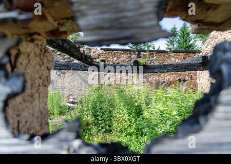 Blick durch eine verkohlte Öffnung eines alten, ruinierten Steingebäudes mit bewachsenem Unkraut und einem Wald im Hintergrund. Stockfoto