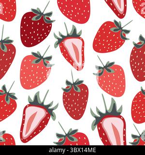 Nahtloses Muster mit Reifen Erdbeeren mit saftigem Fruchtfleisch und Samen, ideal für sommerliche und fruchtige Designs Stockfoto