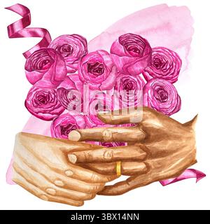 Hände halten Paar verliebt in Pfingstrosen Aquarell Illustration Clip Art Set. Beziehungskonzept. Love Concept Illustration. Stockfoto