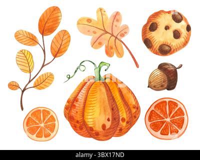 Eine gemütliche Kollektion von Aquarellen, die von Herbstsorten und Kürbiswürzen inspiriert sind. Abbildungen isoliert auf weißem Hintergrund. Passend für die Saison Stockfoto