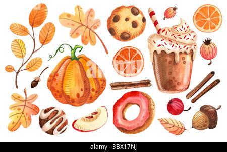Eine gemütliche Kollektion von Aquarellen, die von Herbstsorten und Kürbiswürzen inspiriert sind. Abbildungen isoliert auf weißem Hintergrund. Passend für die Saison Stockfoto