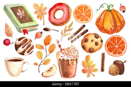 Eine gemütliche Kollektion von Aquarellen, die von Herbstsorten und Kürbiswürzen inspiriert sind. Abbildungen isoliert auf weißem Hintergrund. Passend für die Saison Stockfoto