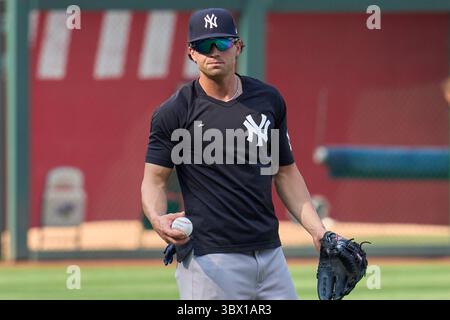 9. August 2021: New York Utility Infield Tyler Wade (14) während des Schlagtrainings vor dem Spiel mit den New York Yankees und Kansas City Royals im Kauffman Stadium in Kansas City Mo. David Seelig/Cal Sport Medi(Credit Image: &Copy; David Seelig/Cal Sport Media/CSM via ZUMA Wire) Stockfoto