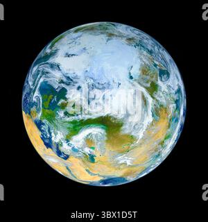 Satellitenbild der Erde fokussiert auf die arktische Region, mit sichtbaren Landmassen, darunter Teile Europas, Asiens und Nordafrikas, alle unter einem Wirbel Stockfoto
