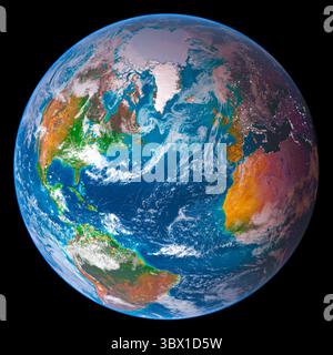 Hochauflösendes Bild der Erde aus dem Weltraum, das den Atlantischen Ozean zeigt, mit sichtbaren Landmassen wie Nord- und Südamerika, Westeuropa, an Stockfoto