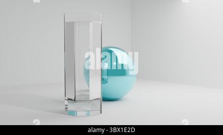 Sauberes und modernes 3D-Rendering mit einem transparenten Glas Wasser und einer glänzenden zyanfarbenen Kugel auf minimalistischem Hintergrund. Stockfoto