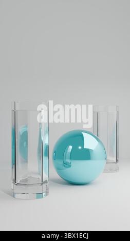 Sauberes und modernes 3D-Rendering mit transparenten Gläsern Wasser und einer glänzenden zyanfarbenen Kugel auf minimalem weißem Hintergrund. Stockfoto