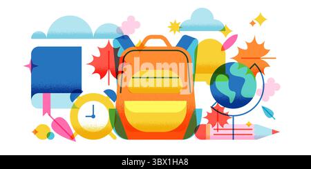 Back to School farbenfrohe Banner, Poster-Design. Vektor geometrische flache Illustration von Schulbedarf, Rucksack, Buch, Wecker, Globus, Herbsturlaub Stock Vektor