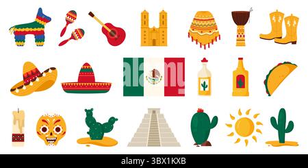 Reisen Sie nach Mexiko, historische Wahrzeichen und Elemente der Karnevalskultur, Speisen und Getränke. Gitarre und Maracas, Pinata für latino-Musikparty, aztekische Pyramide und Kakteen-Comic-Vektor-Illustration Stock Vektor