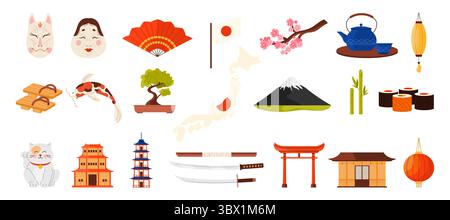 Reisen Sie nach Japan, japanische Kultur-Design-Elemente, Speisen und Wahrzeichen gesetzt. Maneki neko und traditionelle Schrein Gebäude, Bonsaibaum und Sakura Blüte, Daruma und Laterne Cartoon Vektor Illustration Stock Vektor