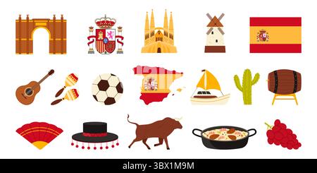 Reisen Sie nach Spanien, kulturelle Elemente und historische Sehenswürdigkeiten. Spanische Flagge und Karte, Matador Hut und Stier, Sagrada Familia und Windmühle, traditionelle Musikinstrumente Zeichentrickvektor Illustration Stock Vektor