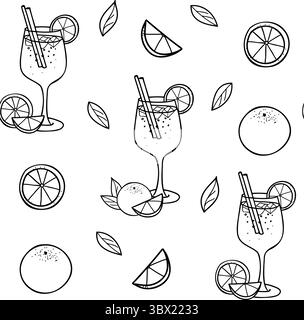 Aperol Spritz Cocktails nahtloses Muster. Hand gezeichnete Vektor-Illustration von aperol Getränkeglas mit Orangenfrucht und Scheibe im Doodle-Stil. Für Stock Vektor