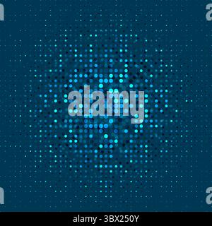 Halbton mit farbigen und neonfarbenen Kreisen. Blauer abstrakter Hintergrund mit vielen kleinen blauen Punkten. Stock Vektor