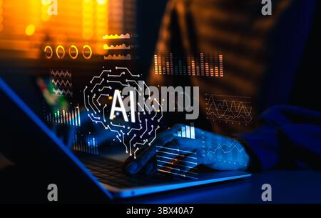 Business-KI und Data Analytics-Konzept. Geschäftsmann analysiert die Verwaltung von Unternehmensdaten mit KI-Technologie für künstliche Intelligenz. Big-Data-Analysen, Stockfoto