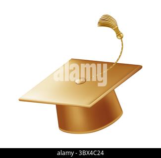 Abschlussfeier. Fliegende goldene Graduiertenhüte mit Quasten. Stock Vektor