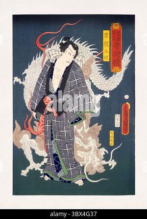 Holzschnitt von Utagawa Kunisada I. aus dem Jahr 1862, der den berühmten Kabuki-Schauspieler Ichikawa Danjūrō IX. Zeigt, wie Unryu Kuro einen Drachen beschwört Stockfoto