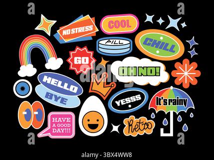 Lustige Sammlung von y2k-Patches, Etiketten, Tags. Flache Aufkleber mit kurzen Phrasen im Retro-Cartoon-Stil. Grooviges Vektor-Set, trendige Promo-Labels in 90ern Stock Vektor