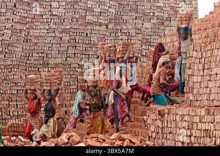 4. September 2021, Dhaka, Bangladesch: Ein Migrant aus Bangladesch hält Ziegelblöcke über seinem Kopf, um es auf der anderen Seite des Flusses an einem Ziegelfeld in Keraniganj zu transportieren. Rund 400.000 einkommensschwache Migranten kommen jedes Jahr nach Dhaka, um in brickfields zu arbeiten, in der Ziegelfabrik werden Millionen von Ziegeln verbrannt, obwohl dies die Umwelt in Bangladesch beeinträchtigt. Ein Arbeiter zieht einen Wagen mit Ziegeln, der auf dem Keraniganj Ziegelfeld verbrannt werden kann. Steinarbeiter arbeiten 7 Tage die Woche und erhalten 350 BDT (4,37 USD) pro Tag. (Bild: © Habibur Rahman/ZUMA Press Wire Service) Stockfoto
