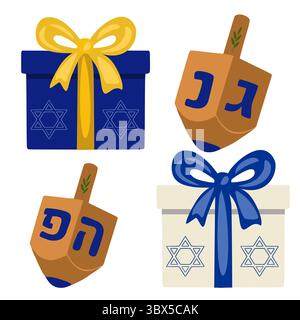 Festliche Hanukkah Vektor-Illustration: Geschenkboxen mit Davidstern und Dreidels, ein lebendiges Design, das perfekt für Weihnachtskarten und Dekorationen ist. Stock Vektor