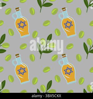 Nahtloses Vektormuster von Olivenölflaschen mit Davidstern, Oliven und Olivenzweigen, ideal für Hanukkah- oder jüdische Designs. Stock Vektor