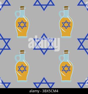 Nahtloses Vektormuster mit stilisierten Öldekantern mit Stern-von-David-Symbolen und geometrischen Sternformen, perfekt für Hanukkah oder jüdische Feiertage Stock Vektor