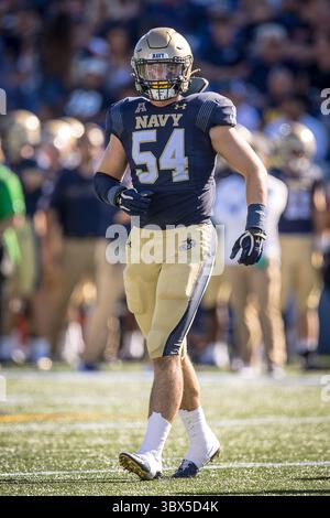 4. September 2021: Navy Midshipmen Linebacker Diego Fagot (54) während des regulären Saisoneröffnungsspiels zwischen der Marshall Thundering Herde und den Navy Midshipmen im Navy-Marine Corps Memorial Stadium in Annapolis, Maryland Fotograf: Cory Royster (Credit Image: &Copy; Cory Royster/CSM via ZUMA Wire) Stockfoto