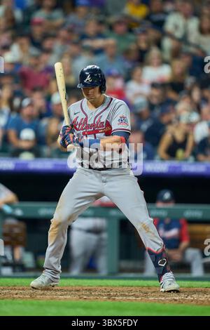4. September 2021: Austin Riley, der dritte Baseman von Atlanta, macht einen Spaziergang während des Spiels mit Atlanta Braves und Colorado Rockies, das im Coors Field in Denver Co. Stattfindet. David Seelig/Cal Sport Medi(Credit Image: &Copy; David Seelig/Cal Sport Media/CSM via ZUMA Wire) Stockfoto