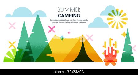 Sommer Camping Banner Hintergrund mit Zelt, Kiefern und Lagerfeuer. Vektorabbildung. Designelemente für Adventure-Poster, Outdoor-Reisen, Natur Stock Vektor