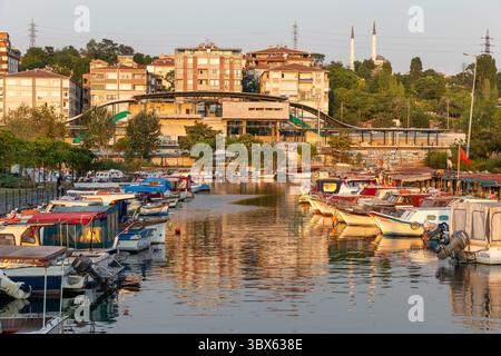 27. August 2018: Kleine Fischerboote auf einem Bach zwischen der Marmaraküste und dem Kucukcekmece-See am Eingang im Süden des Istanbul-Kanalprojekts in Istanbul, Türkei am 27. August 2018. Der Istanbul-Kanal, türkischer Kanal Istanbul, ist ein Projekt für die künstliche Wasserstraße auf Meereshöhe, die von der Türkei in Ostthrakien geplant wird und das Schwarze Meer mit dem Marmarameer und damit mit der Ägäis und dem Mittelmeer verbindet. (Bild: © Tolga Ildun/ZUMA Press Wire) Stockfoto