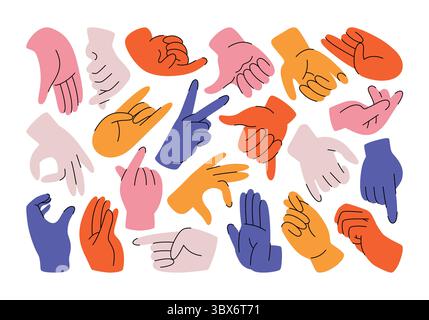 Handset mit verschiedenen Gesten und Schildern. Hand gezeichnete flache Vektorillustrationen, Hände zeigen Emotionen, verschiedene Positionen von Händen und Fingern. Stock Vektor