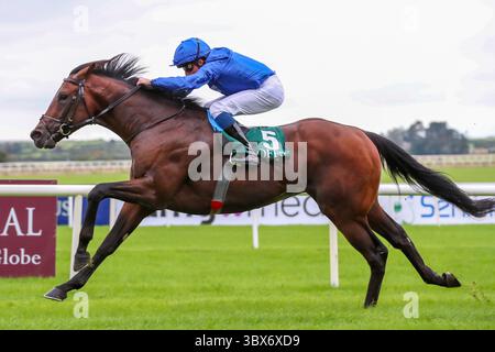 12. September 2021, Kildare, USA: 12. September 2021: Der native Trail (GB) #5, geritten von Jockey William Buick, gewinnt die Gruppe 1 Vincent OÂ€'Brien National Stakes am Irish Champions Weekend auf der Curragh Racecourse in Kildare, Irland am 12. September 2021. Shamela HanleyEclipse SportswireCSM(Credit Image: &Copy; CSM via ZUMA Wire) Stockfoto