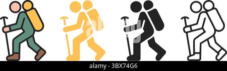 Wanderer mit Rucksäcken und Wanderstöcken wandern vier minimalistische Ikonen zeigen die Wanderer Stock Vektor