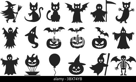 Halloween-Charaktere Silhouetten Hexengeist Kürbis Fledermaus Skelett Vektor Stock Vektor