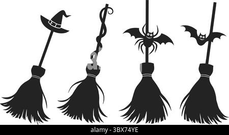 Halloween-Besen mit gruseligen Kreaturen, Hexenspinne Stock Vektor