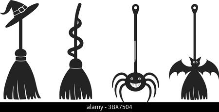 Vier schwarze Silhouette Halloween Dekorationen Hexenbesen Spinnenfledermaus Vektor Stock Vektor